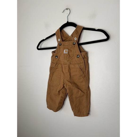 Carhartt Baby Bib Canvas Overalls Brown 100% Cotton Double Knee Snaps Size 3M - Picture 2 of 10